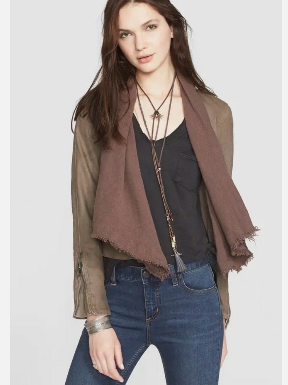 Free People Brown Fringe Lightweight Wrap Scarf Moto Jacket Size 2